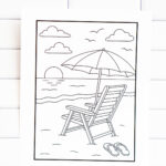 Relaxation coloring page featuring a peaceful beach scene with a chair, umbrella, waves, clouds, and flip-flops in the sand.