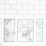 Set of three printable relaxation coloring pages arranged side by side: a rainy garden scene, a beach scene, and a cozy reading nook.