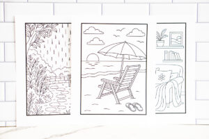 Three printable relaxation coloring pages displayed next to each other on a white tile background, including a rainy garden path, a beach sunset, and a cozy living room.