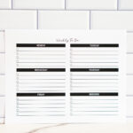 Printable weekly to-do list with sections for each day of the week, displayed against a white subway tile background.