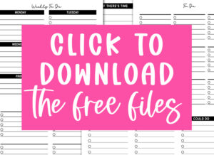 Bright pink &ldquo;Click to Download the Free Files&rdquo; overlay on top of assorted to-do list designs.