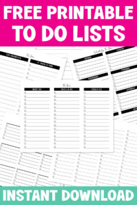 Pinterest-style graphic with the headline &ldquo;Free Printable To Do Lists&rdquo; above a collage of various black-and-white task list layouts. Bottom says instant download overlayed a mint green stripe.