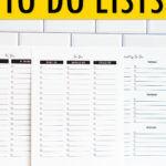 Pinterest graphic promoting free printable and digital to-do lists, featuring assorted task list pages layered behind the main design. At the top it says free printable & digital to do lists and the bottom says instant download.