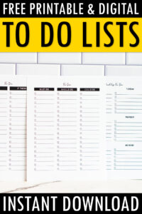 Pinterest graphic promoting free printable and digital to-do lists, featuring assorted task list pages layered behind the main design. At the top it says free printable & digital to do lists and the bottom says instant download.
