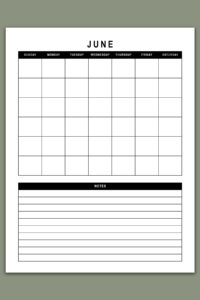 Minimalist black-and-white undated June monthly calendar page with a traditional grid layout and a large lined notes section at the bottom.