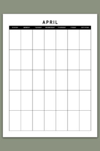 Simple black-and-white undated April monthly calendar page featuring a full grid layout with no extra sections below.