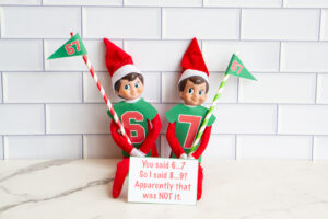 Elf on the Shelf doll wearing a green &ldquo;67&rdquo; shirt and holding a red-and-white striped pole with a green 67 pennant, standing behind a card that reads, &ldquo;You said 6&hellip;7. So I said 8&hellip;9? Apparently that was NOT it.&rdquo;
