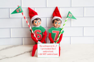 Elf on the Shelf duo dressed in 6 and 7 shirts, holding striped straw flags marked 67, shown with a printed card that reads, &ldquo;You whispered 6&hellip;7. I pretended like I understood. I did NOT understand.&rdquo;