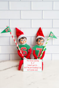Two elves in numbered shirts 6 and 7 with striped flags, holding a sign that says, &ldquo;You keep saying 6&hellip;7. I don&rsquo;t get it&hellip; but I&rsquo;m pretending I do so I seem cool.&rdquo;