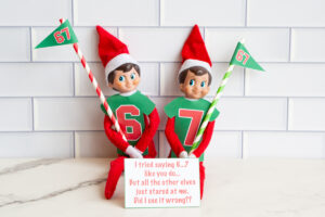 Two elves in 6 and 7 shirts holding &ldquo;67&rdquo; flags, with a printed card that reads, &ldquo;I tried saying 6&hellip;7 like you do&hellip; But all the other elves just stared at me. Did I use it wrong??&rdquo;