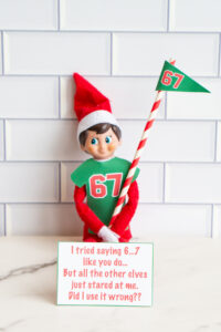 One elf in a green 67 shirt holding a matching 67 flag, with a joke sign that reads, &ldquo;I tried saying 6&hellip;7 like you do&hellip; But all the other elves just stared at me. Did I use it wrong??&rdquo;