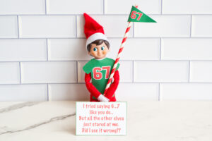One elf in a green 67 shirt holding a matching 67 flag, with a joke sign that reads, &ldquo;I tried saying 6&hellip;7 like you do&hellip; But all the other elves just stared at me. Did I use it wrong??&rdquo;