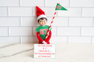One elf in a green 67 shirt holding a candy-cane-striped 67 flag with a sign reading, &ldquo;You keep saying 6&hellip;7. I don&rsquo;t get it&hellip; but I&rsquo;m pretending I do so I seem cool.&rdquo;