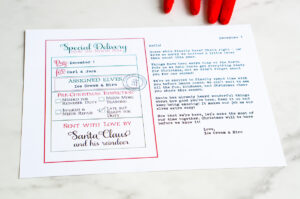 A flat-lay of the complete &ldquo;Sorry I&rsquo;m Late&rdquo; North Pole letter and assignment form for Carl and Jack, printed in festive red and green on a marble surface.