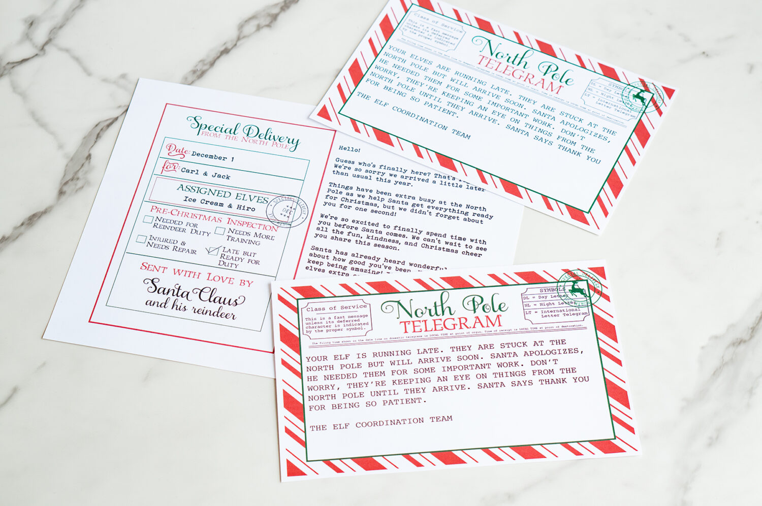 A flat-lay of the full Elf on the Shelf late-arrival kit, including the &ldquo;Sorry I&rsquo;m Late&rdquo; telegram and the customizable letter assigning elves Ice Cream & Hiro.