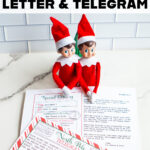 A Pinterest-style graphic featuring two Elf on the Shelf dolls with the late-arrival letter and telegram printables, with bold text that reads &ldquo;Free Elf on the Shelf Sorry I&rsquo;m Late Letter & Telegram.&rdquo;