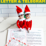 Pinterest-style graphic showing two Elf on the Shelf dolls above the customizable &ldquo;Sorry I&rsquo;m Late&rdquo; letter and telegram, with bold green and yellow text reading &ldquo;Free Elf on the Shelf Sorry I&rsquo;m Late Letter & Telegram.&rdquo;