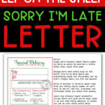 Pinterest-style graphic promoting a free customizable Elf on the Shelf &ldquo;Sorry I&rsquo;m Late&rdquo; letter, showing the full printable with editable fields next to large bold text.