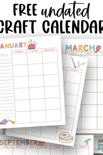 Preview image of free undated craft calendar pages with hand-drawn craft illustrations, including January, March, and September layouts shown layered together beneath the title ‘Free Undated Craft Calendar.’
