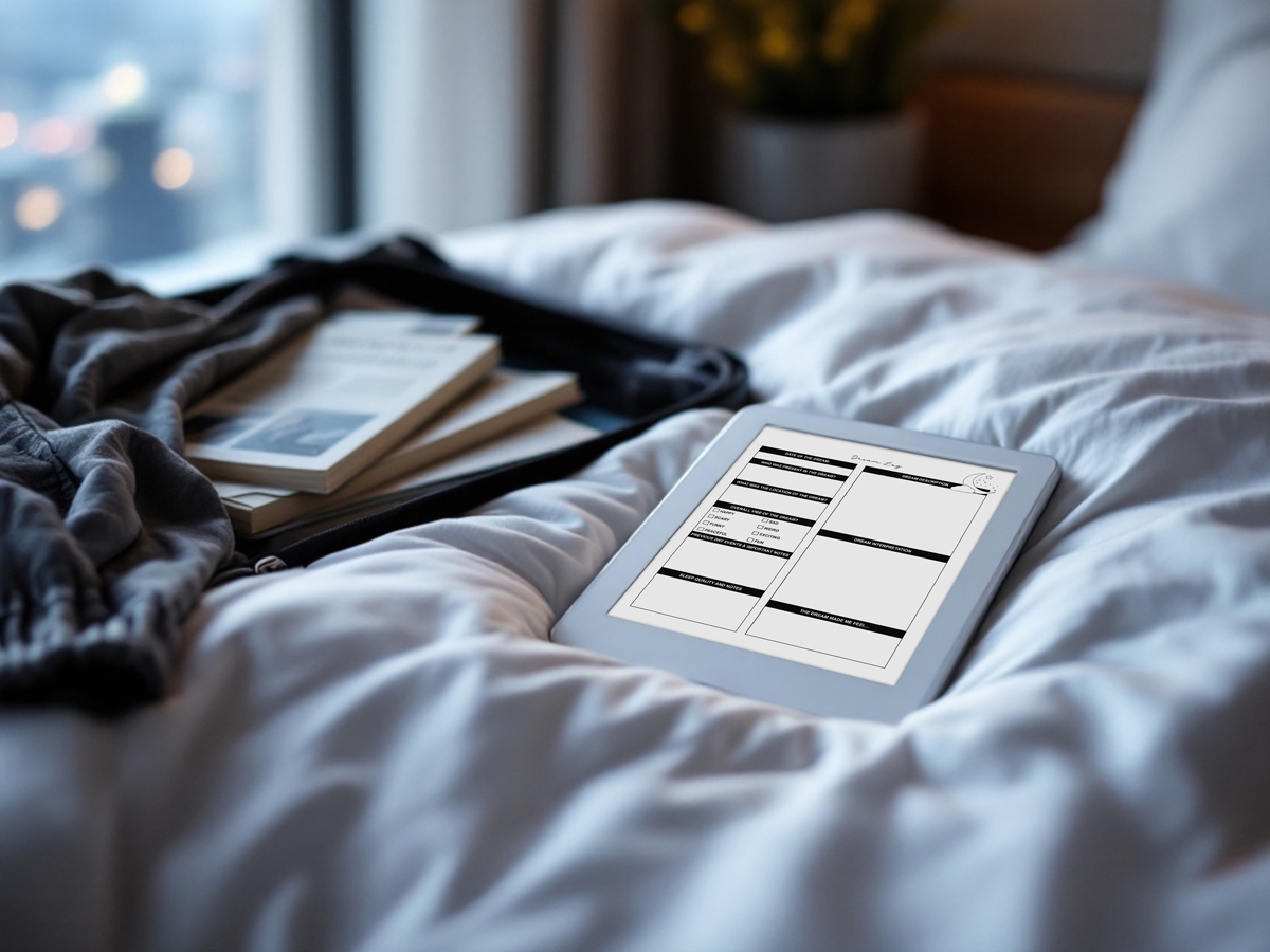 iPad showing the digital dream log page lying on a rumpled white comforter next to an open bag with books and a sweatshirt, with a blurred cityscape visible through the window in the background.