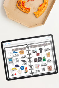 Digital planner displayed on an iPad showing a weekly spread decorated with Gilmore Girls&ndash;inspired stickers, placed on a white surface beneath an open pizza box with partially eaten slices.