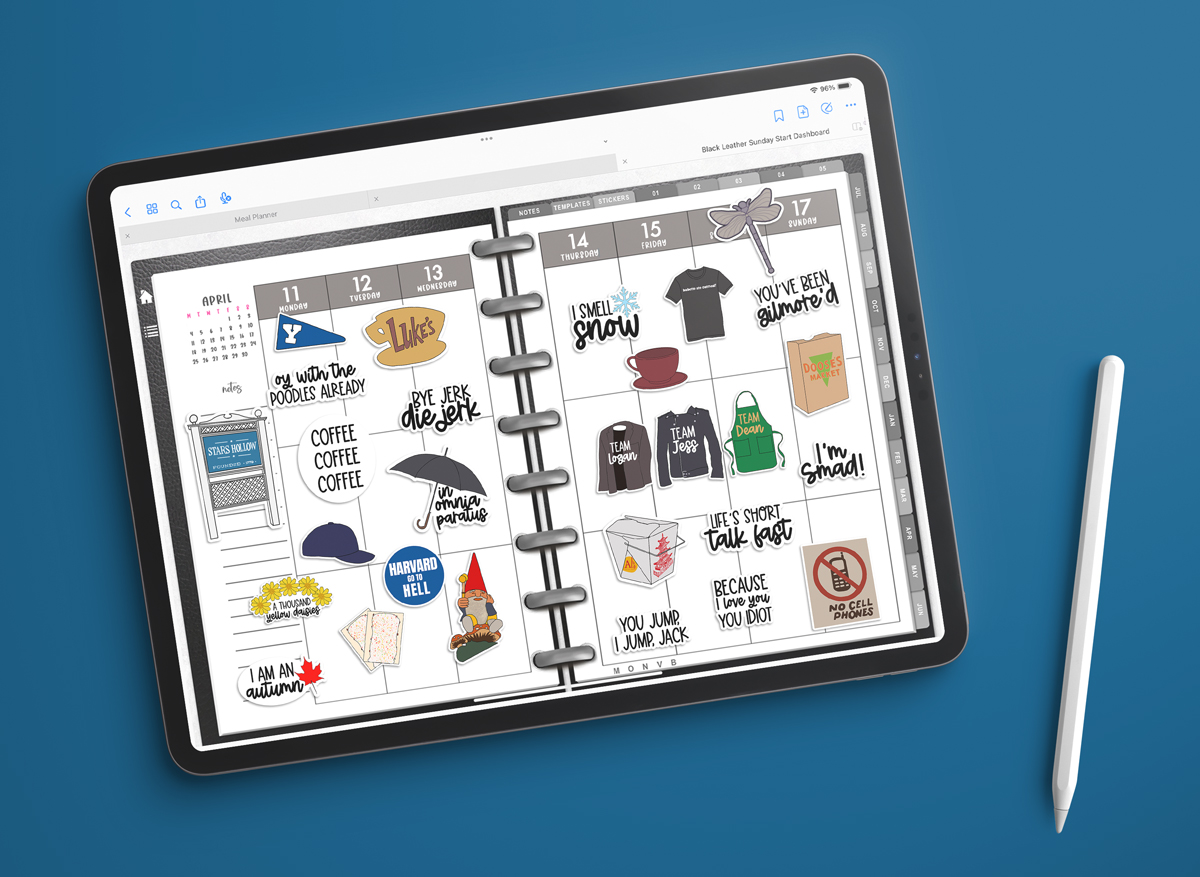 iPad on a blue background showing a digital weekly planner spread filled with Gilmore Girls&ndash;themed stickers, with a white stylus placed to the right.
