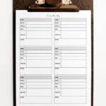A printable contact list page with six boxed contact sections clipped onto a brown clipboard, photographed against a clean white background.