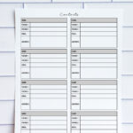 Printable contact list sheet with eight sections for name, phone numbers, email, and address, photographed against a white tile background.