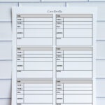 Printable contact list with four large entry sections including name, phones, email, address, and notes, shown upright against a white tile wall.