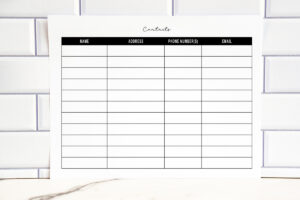 Landscape-style printable contact list with columns for name, address, phone numbers, and email, displayed against a white tile background.