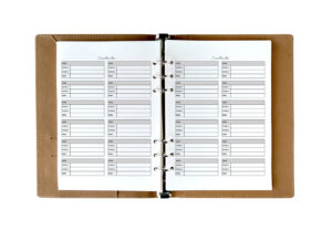 An open tan binder displaying two printed pages filled with small boxed contact cards, each with lines for name, phone numbers, email, and address.