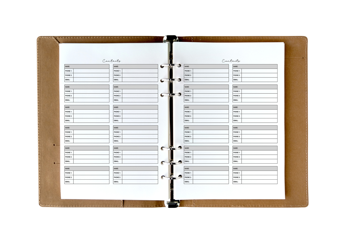 An open tan binder displaying two printed pages filled with small boxed contact cards, each with lines for name, phone numbers, email, and address.