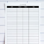 Single-page printable contact list with columns for name, phone 1, phone 2, and email displayed against a white tile background.