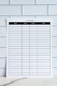 Single-page printable contact list with columns for name, phone 1, phone 2, and email displayed against a white tile background.