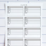 Printable contact list page with six boxed sections including name, phone numbers, email, and socials, shown against a white tile backdrop.