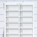 Printable contact list featuring multiple small contact info boxes with space for name, phone numbers, and email, displayed in front of a white tile wall.