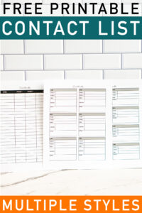 A Pinterest-style image showing three printable contact list pages in different styles displayed against a white subway-tile background. The top text reads &ldquo;Free Printable Contact List&rdquo; and the bottom reads &ldquo;Multiple Styles.&rdquo;