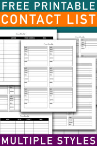 A vertical promotional graphic showing several contact list pages layered together, with bold text saying &ldquo;Free Printable Contact List&rdquo; at the top and &ldquo;Multiple Styles&rdquo; at the bottom.