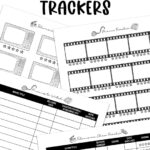 A promotional graphic showing multiple movie and TV tracker pages fanned out on a white background with the text &ldquo;Free Movie & TV Trackers&rdquo; at the top.