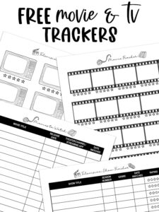 A promotional graphic showing multiple movie and TV tracker pages fanned out on a white background with the text &ldquo;Free Movie & TV Trackers&rdquo; at the top.