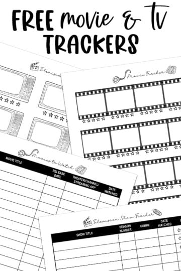 A promotional graphic showing multiple movie and TV tracker pages fanned out on a white background with the text “Free Movie & TV Trackers” at the top.