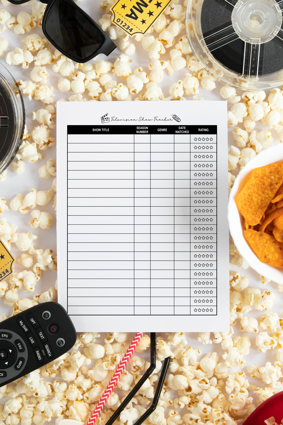 Printed TV show tracker sheet placed on a bed of popcorn, surrounded by a TV remote, sunglasses, a film reel, and a bowl of chips.