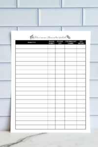 A printable &ldquo;Television Shows to Watch&rdquo; list against a tile wall. It offers columns for show title, season number, release date, streaming app or channel, and date watched.