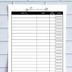 A black-and-white printable movie tracker sheet featuring list-style columns for movie title, genre, date watched, and star rating, shown in front of a light tile wall.