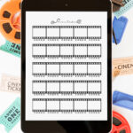 Tablet showing a filmstrip-style movie tracker page, styled with vintage movie reels and colorful cinema tickets around the edges.
