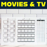 Tall promotional graphic displaying three free printable and digital trackers for movies and TV. The top section has bold text reading &ldquo;Free Trackers for Movies & TV,&rdquo; and the bottom says &ldquo;Printable & Digital.&rdquo; Below the text are three sheets: a TV show tracker with illustrated retro televisions and star ratings, a movie tracker with filmstrip-style boxes and stars, and a &ldquo;to watch&rdquo; list with columns for release date, streaming app, channel, and date watched. All pages are shown against a white tile backsplash and marble counter.