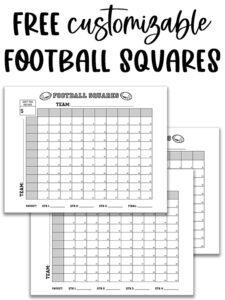 Graphic showing three printable football squares sheets stacked in a fan layout under bold text reading &ldquo;Free customizable football squares,&rdquo; highlighting the editable grids.