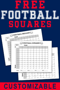 Navy and red Pinterest graphic with bold &ldquo;Free Football Squares&rdquo; text above two overlapping printable football squares sheets, emphasizing that the game boards are customizable.