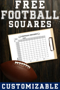 Wood-grain Pinterest graphic featuring a clipboard holding a printable football squares sheet with a football resting in the foreground and bold text reading &ldquo;Free Football Squares &ndash; Customizable.&rdquo;