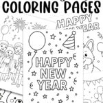 Collage-style graphic featuring multiple New Year&rsquo;s coloring pages, with a central page showing &ldquo;Happy New Year&rdquo; with a balloon and party hat. Large text at the top reads &ldquo;Free New Years Coloring Pages.&rdquo;